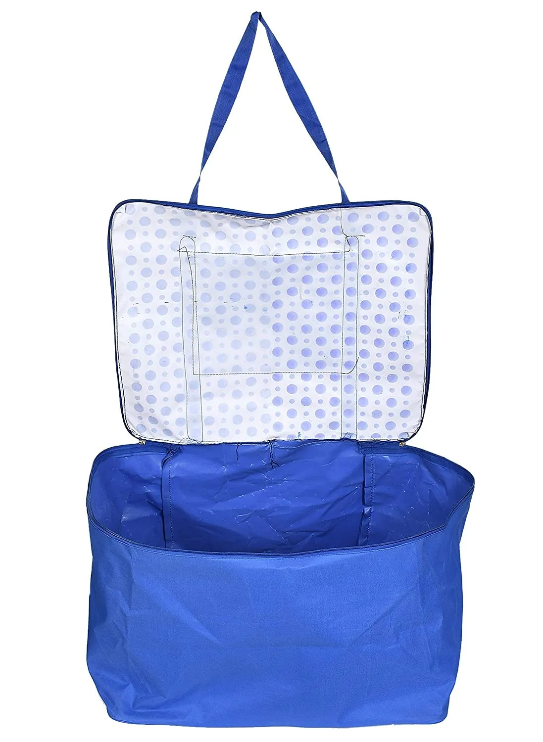 Heart Home Dot Printed Large Size Lightweight Foldable Multipurpose Storage bag, Cloth Organiser, Travel Bag With Zippered Closure And Handle (Blue & White)-HS43HEARTH26708