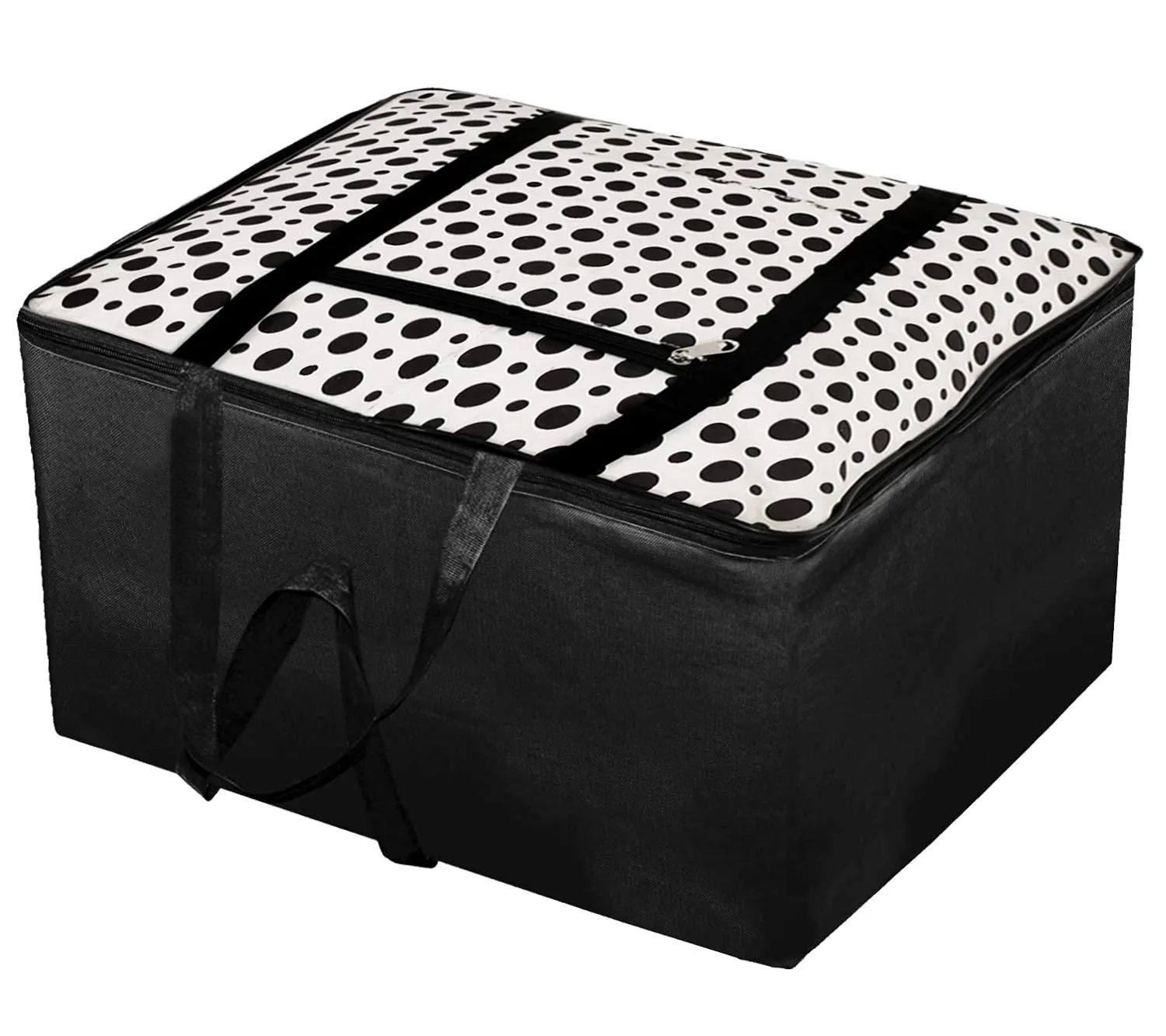 Heart Home Dot Printed Large Size Lightweight Foldable Multipurpose Storage bag, Cloth Organiser, Travel Bag With Zippered Closure And Handle- Pack of 2 (Black & White)-HS43HEARTH26706
