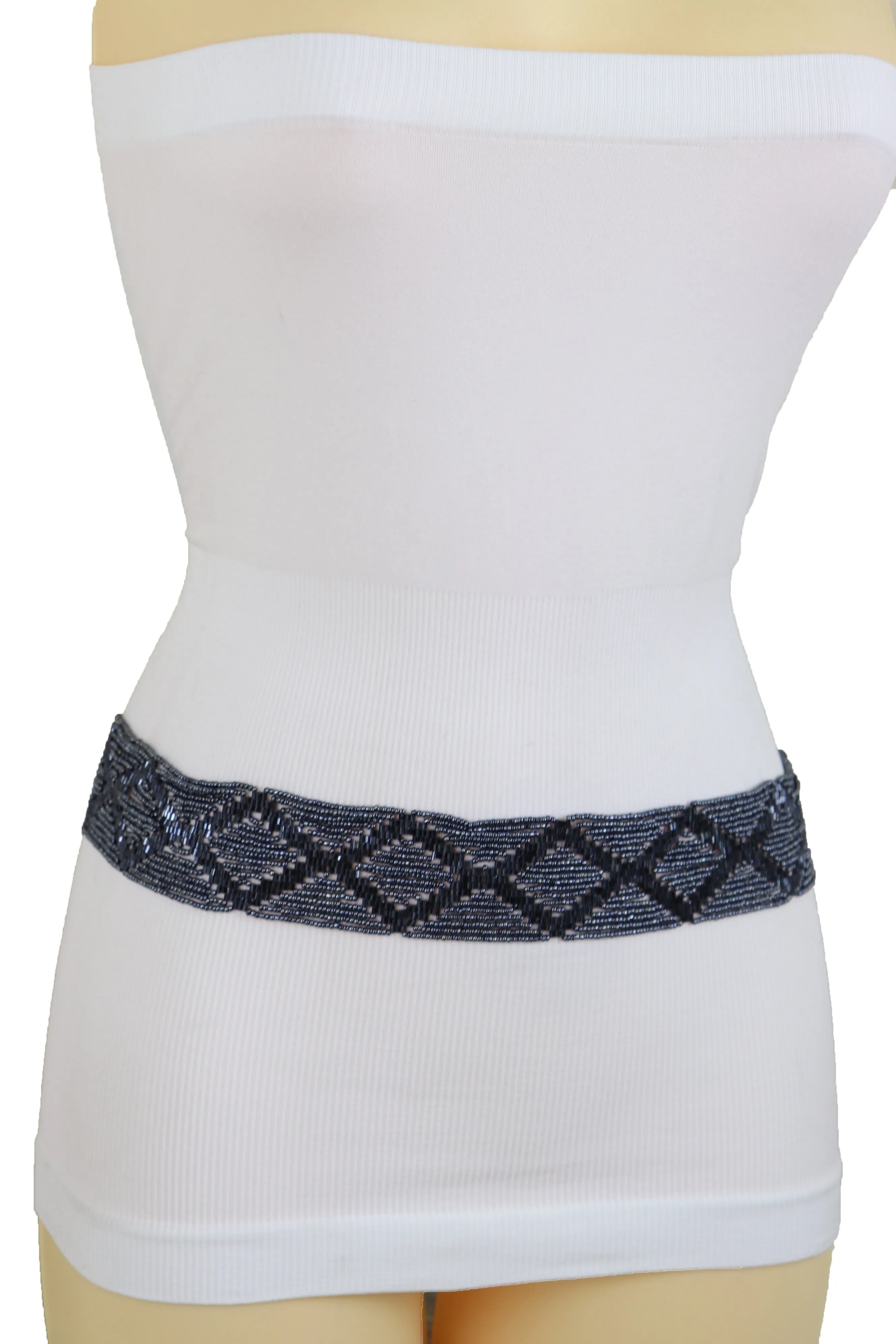 Hip High Waist Navy Blue Beads Waistband Wrap Around Tie Belt Fit Size M L