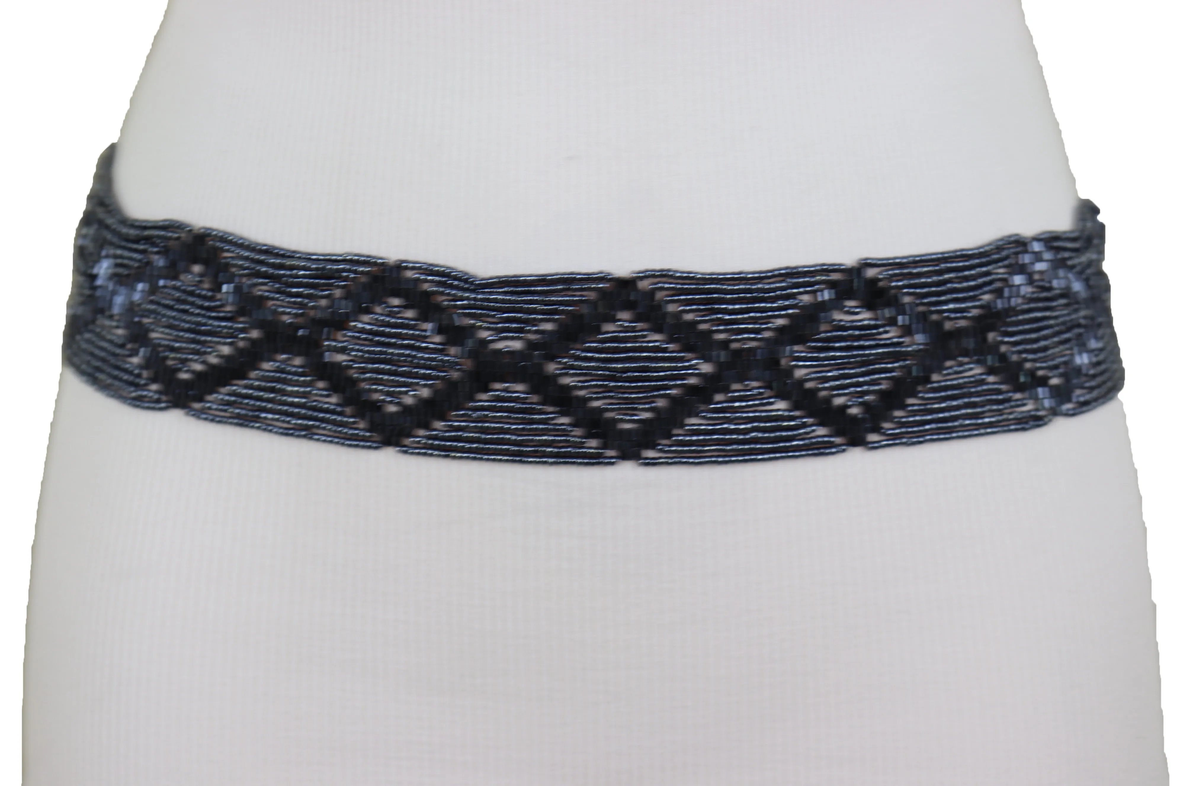Hip High Waist Navy Blue Beads Waistband Wrap Around Tie Belt Fit Size M L