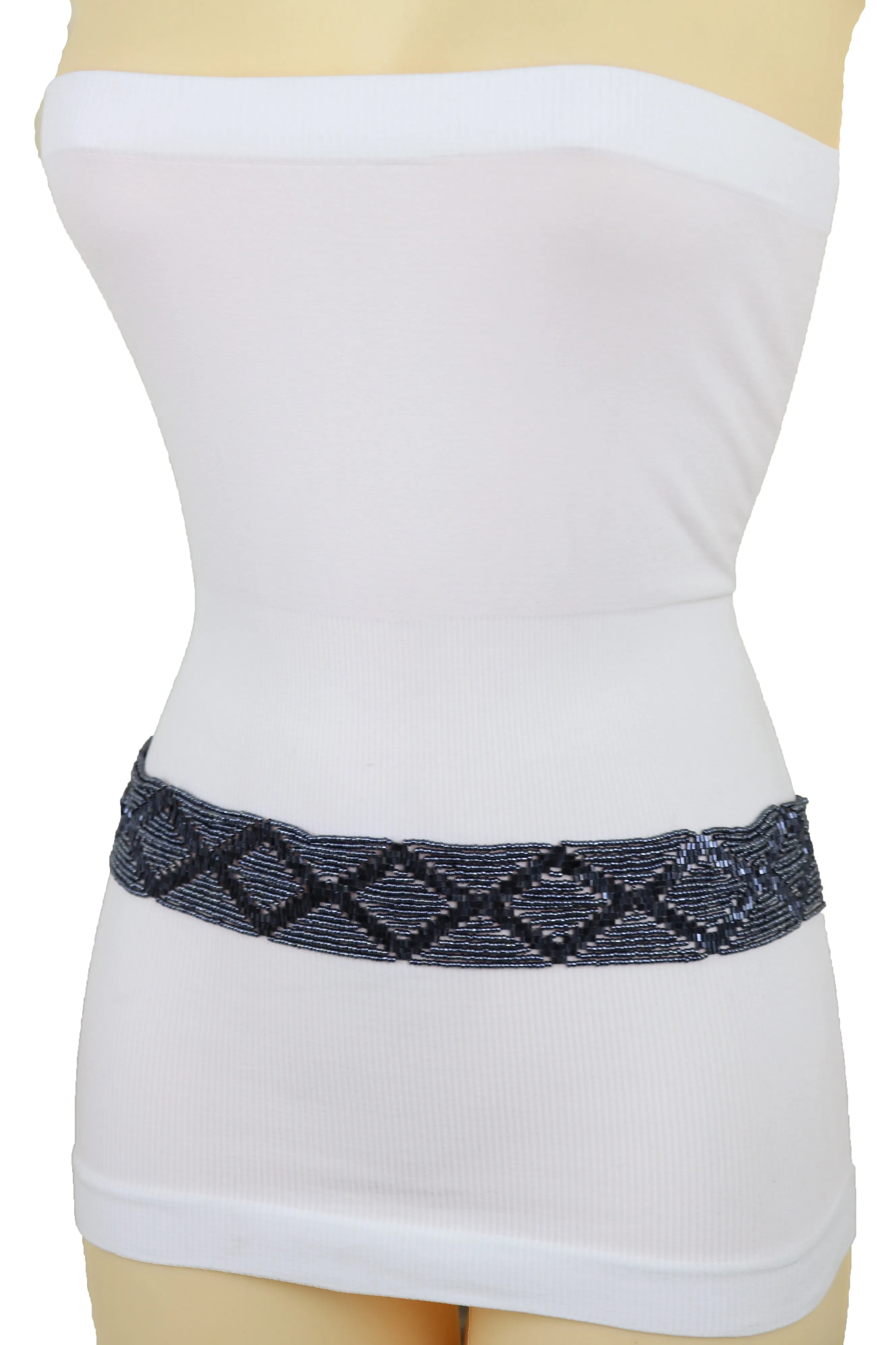 Hip High Waist Navy Blue Beads Waistband Wrap Around Tie Belt Fit Size M L