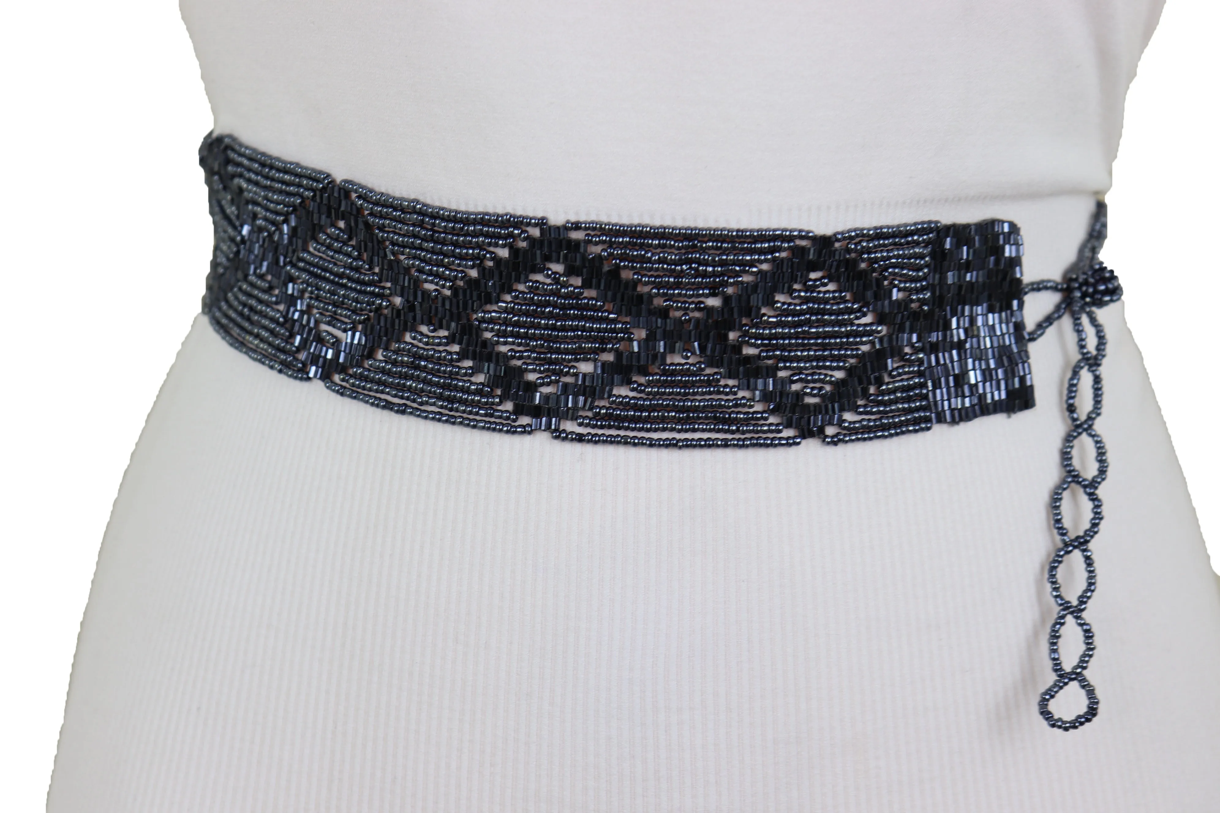 Hip High Waist Navy Blue Beads Waistband Wrap Around Tie Belt Fit Size M L