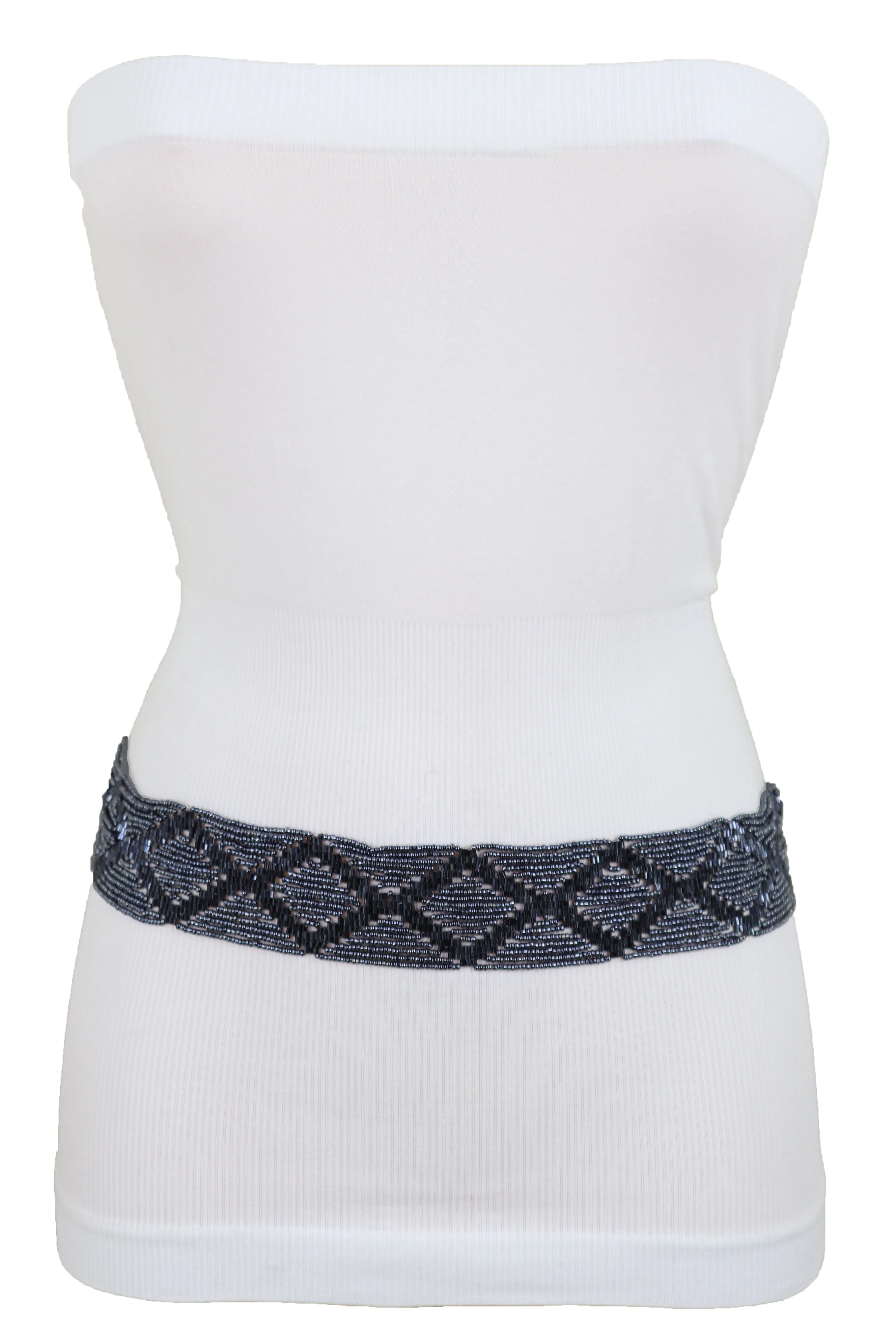 Hip High Waist Navy Blue Beads Waistband Wrap Around Tie Belt Fit Size M L