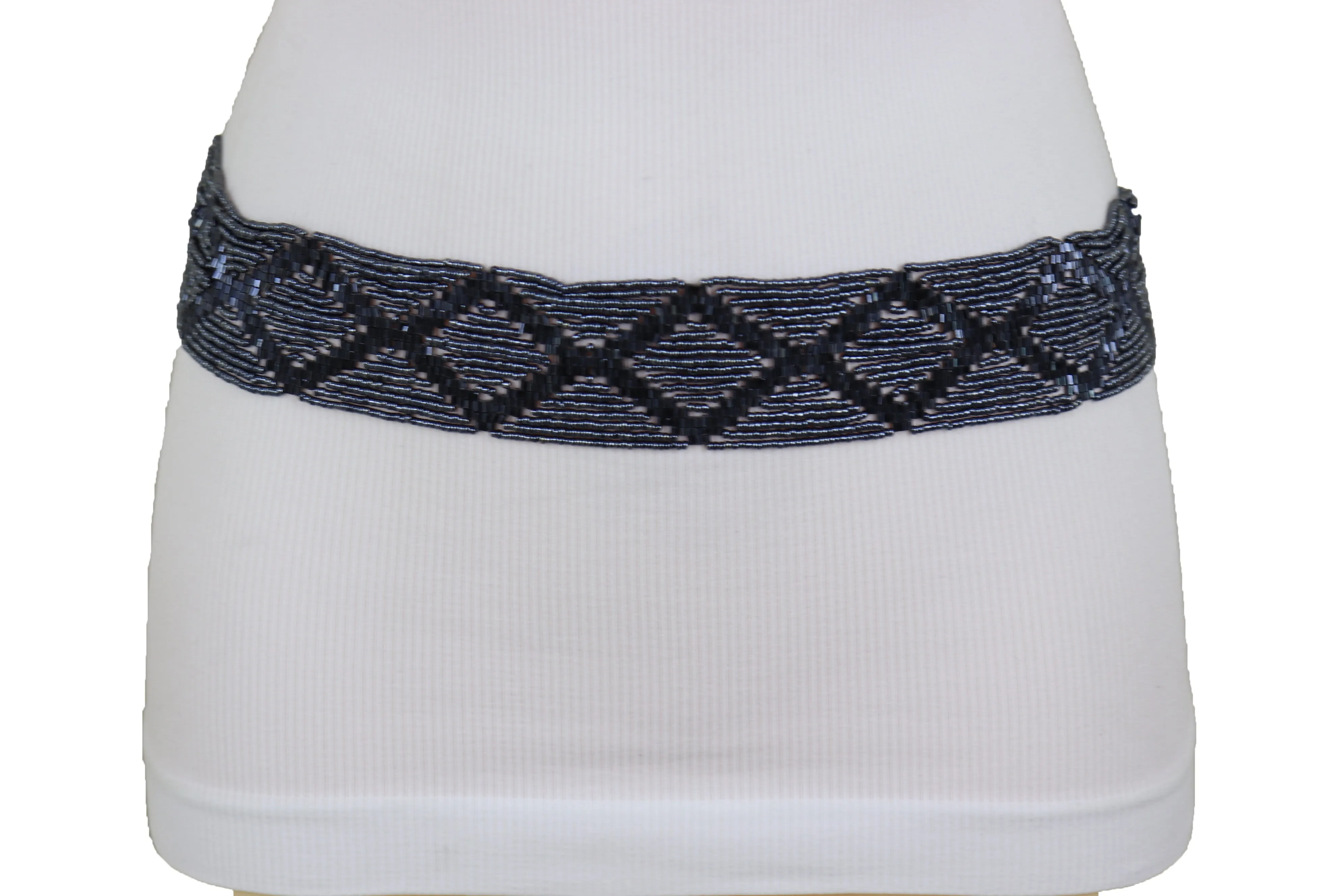 Hip High Waist Navy Blue Beads Waistband Wrap Around Tie Belt Fit Size M L