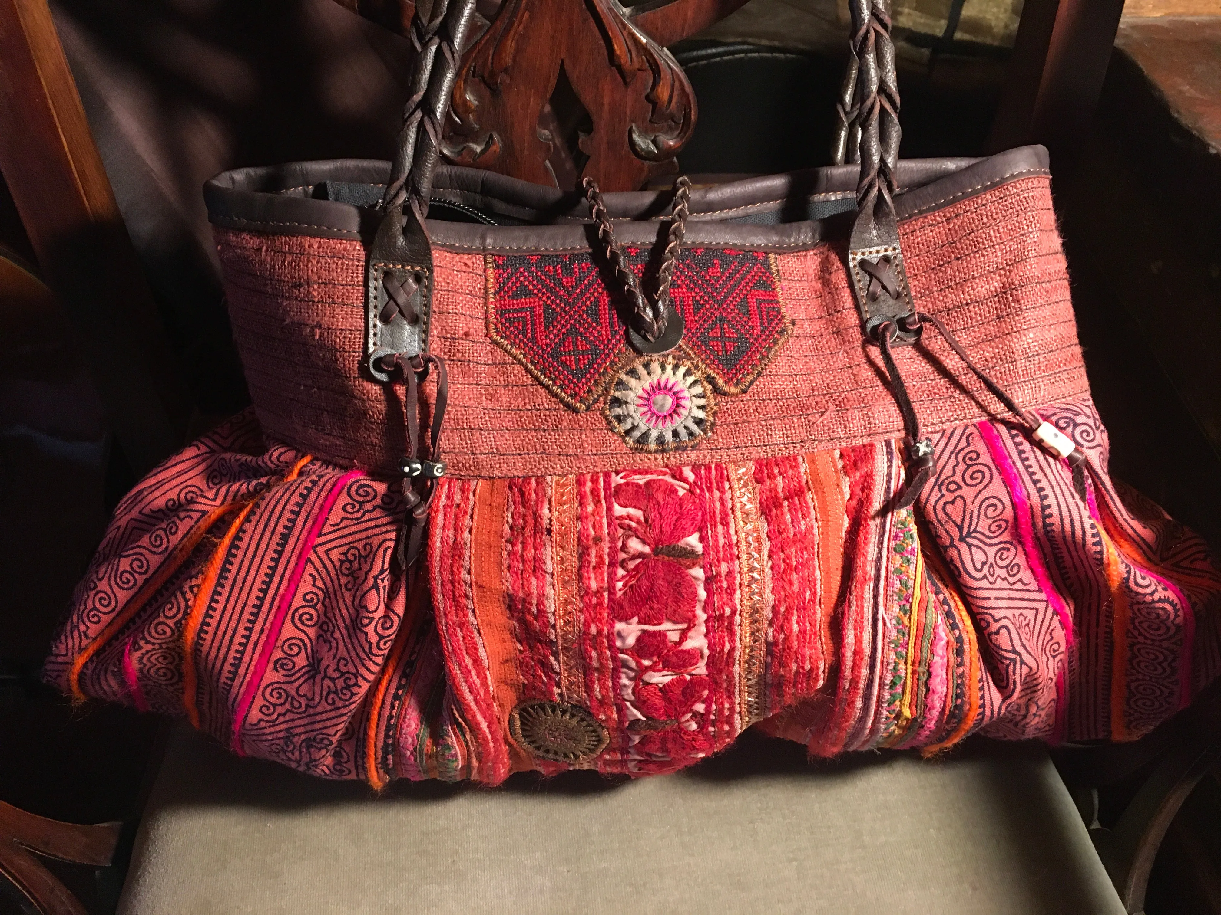 Hmong Hill Tribe Fabric Tote Bag | Leather & Vintage Textiles | Thai Handmade