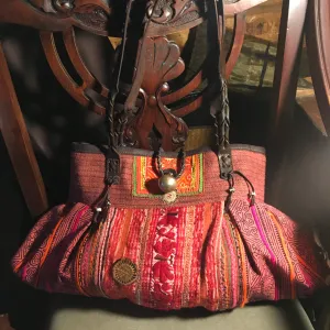 Hmong Hill Tribe Fabric Tote Bag | Leather & Vintage Textiles | Thai Handmade