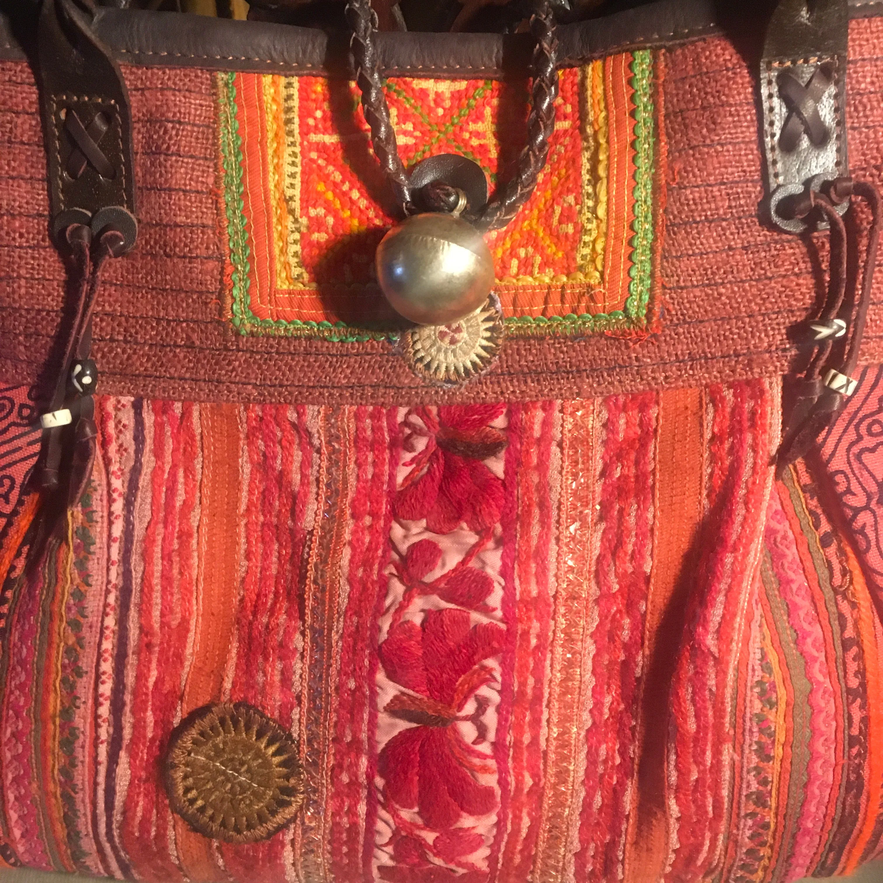 Hmong Hill Tribe Fabric Tote Bag | Leather & Vintage Textiles | Thai Handmade