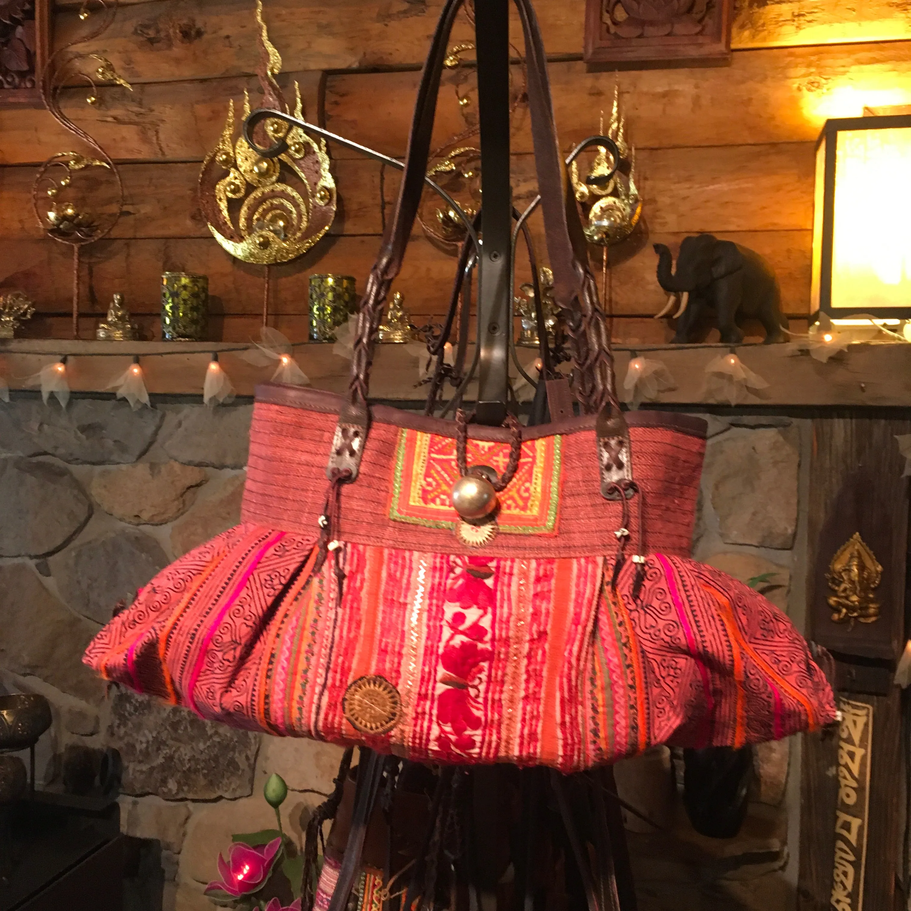 Hmong Hill Tribe Fabric Tote Bag | Leather & Vintage Textiles | Thai Handmade
