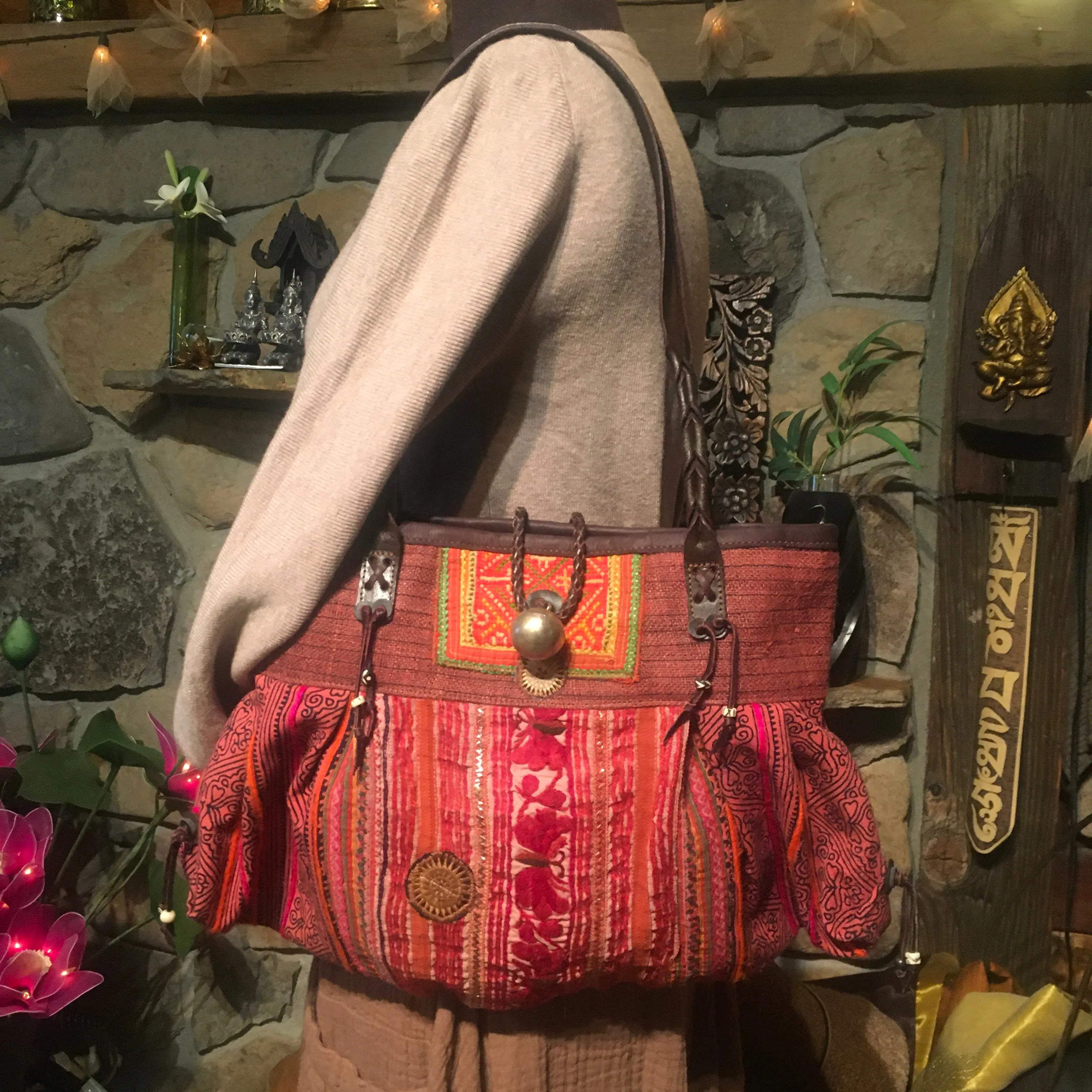 Hmong Hill Tribe Fabric Tote Bag | Leather & Vintage Textiles | Thai Handmade