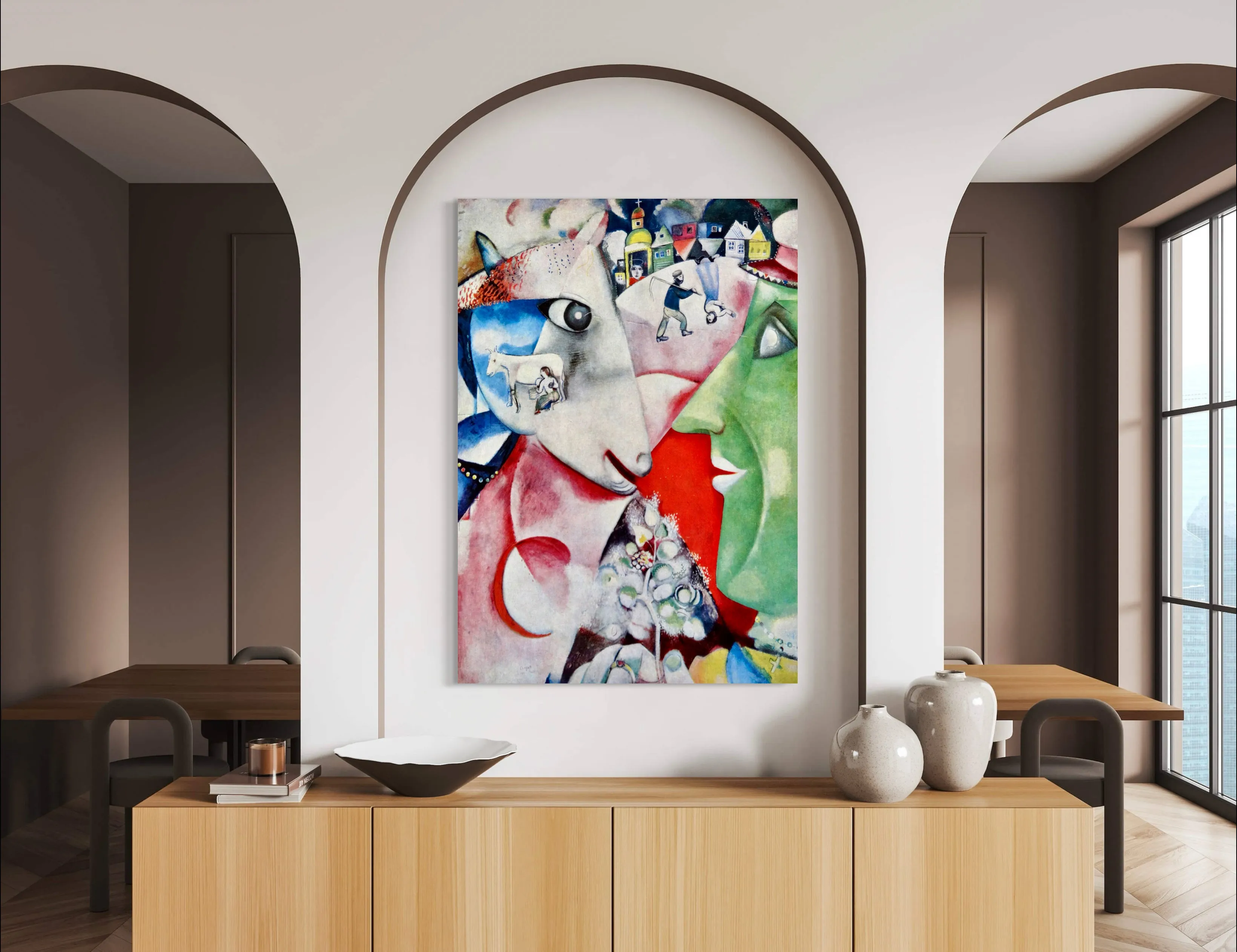 I and The Village - Painted by Marc Chagall - Circa. 1911. High Quality Polyester Cotton Canvas Print. Ready to be Framed or Mounted. Available in One Large Size. 70cm X 100cm. Stretched Canvas Option Available in One (1) Large Size - 70cm x 100cm.