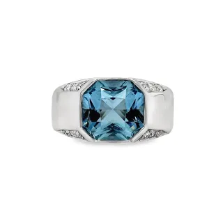 Italian Made Aquamarine and Diamond Fashion Wide Ring