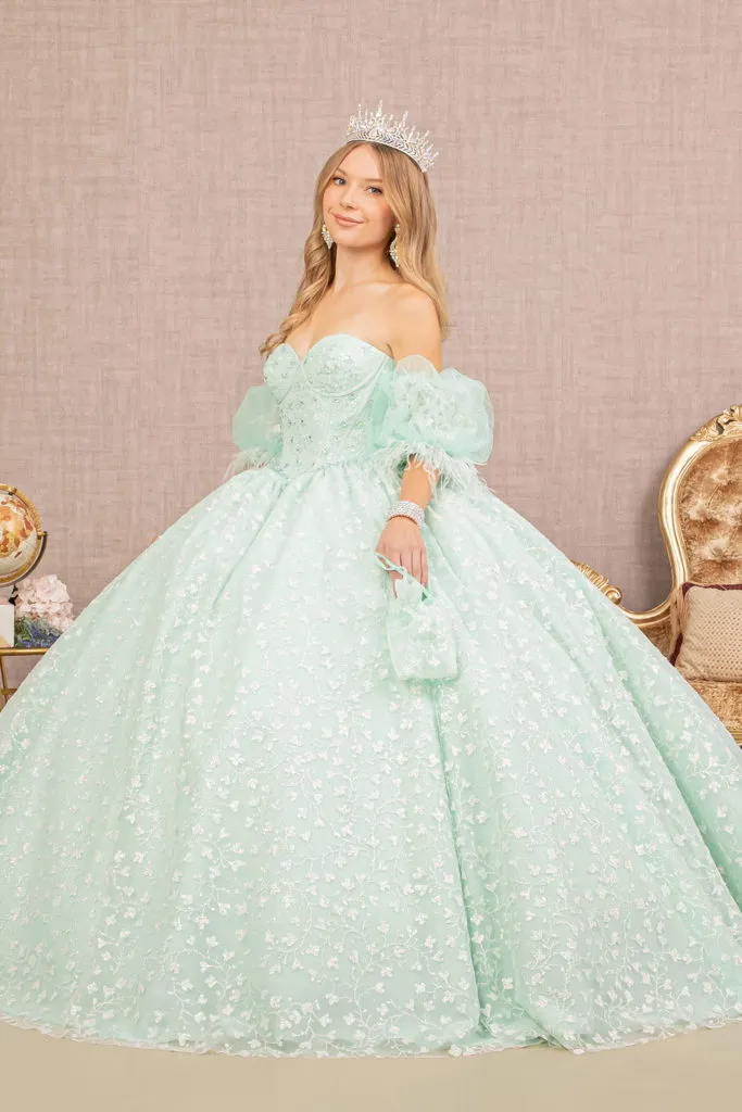 Jewel Strapless Quinceanera Gown w/ Detachable Short Puff Sleeves