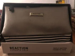 Kenneth Cole REACTION Triple Section Cosmetic Case Makeup Bag Silver Quarter