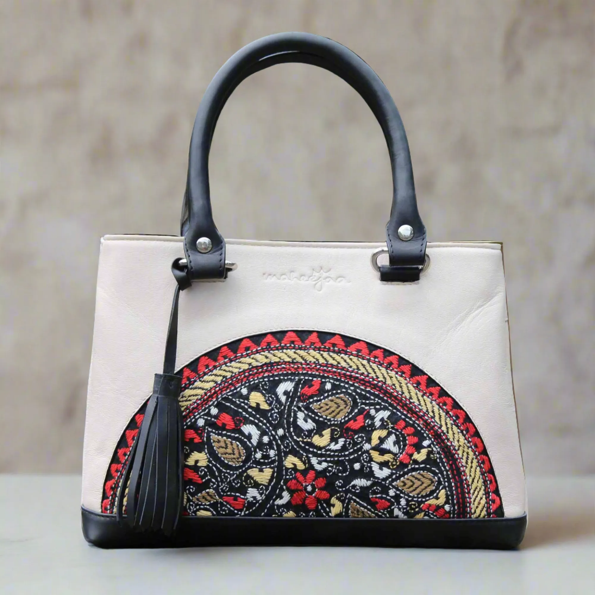 Leather Embroidery Mini Bag with Sling - White