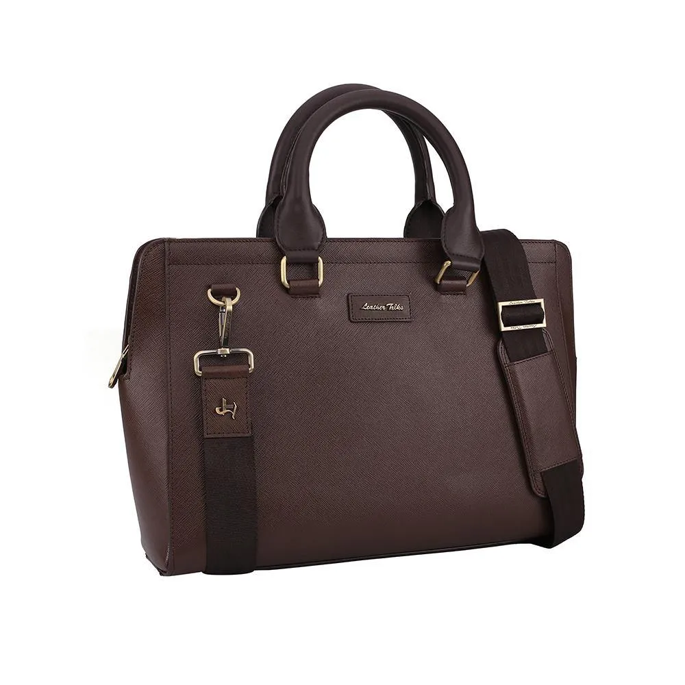 Leather Laptop / Office Bag for Women | 100% Genuine Saffiano Leather | Gold Finish Chains | Brown