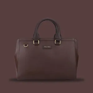 Leather Laptop / Office Bag for Women | 100% Genuine Saffiano Leather | Gold Finish Chains | Brown