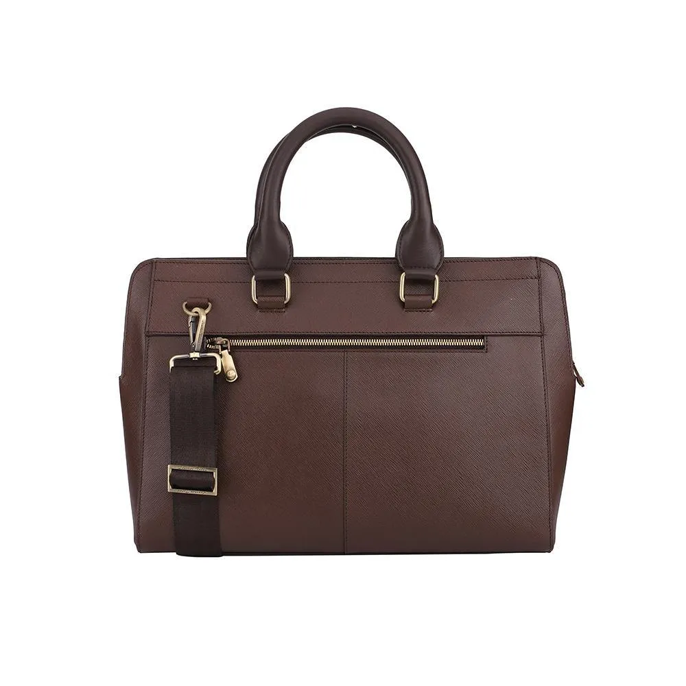 Leather Laptop / Office Bag for Women | 100% Genuine Saffiano Leather | Gold Finish Chains | Brown