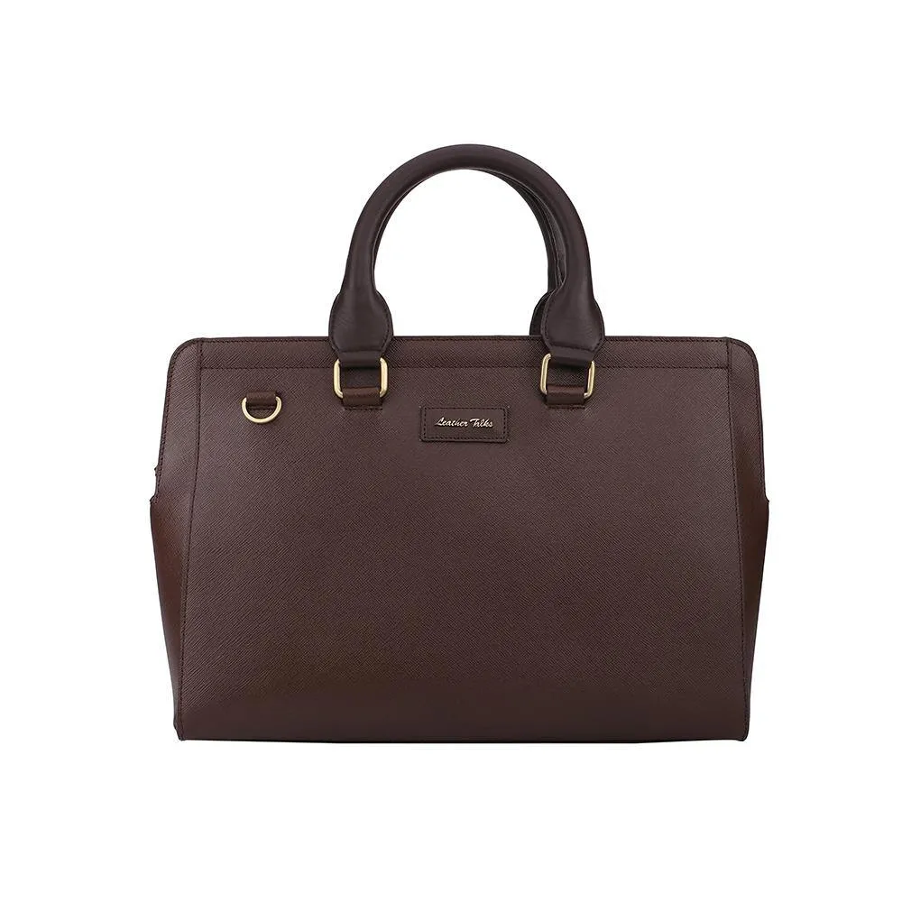 Leather Laptop / Office Bag for Women | 100% Genuine Saffiano Leather | Gold Finish Chains | Brown