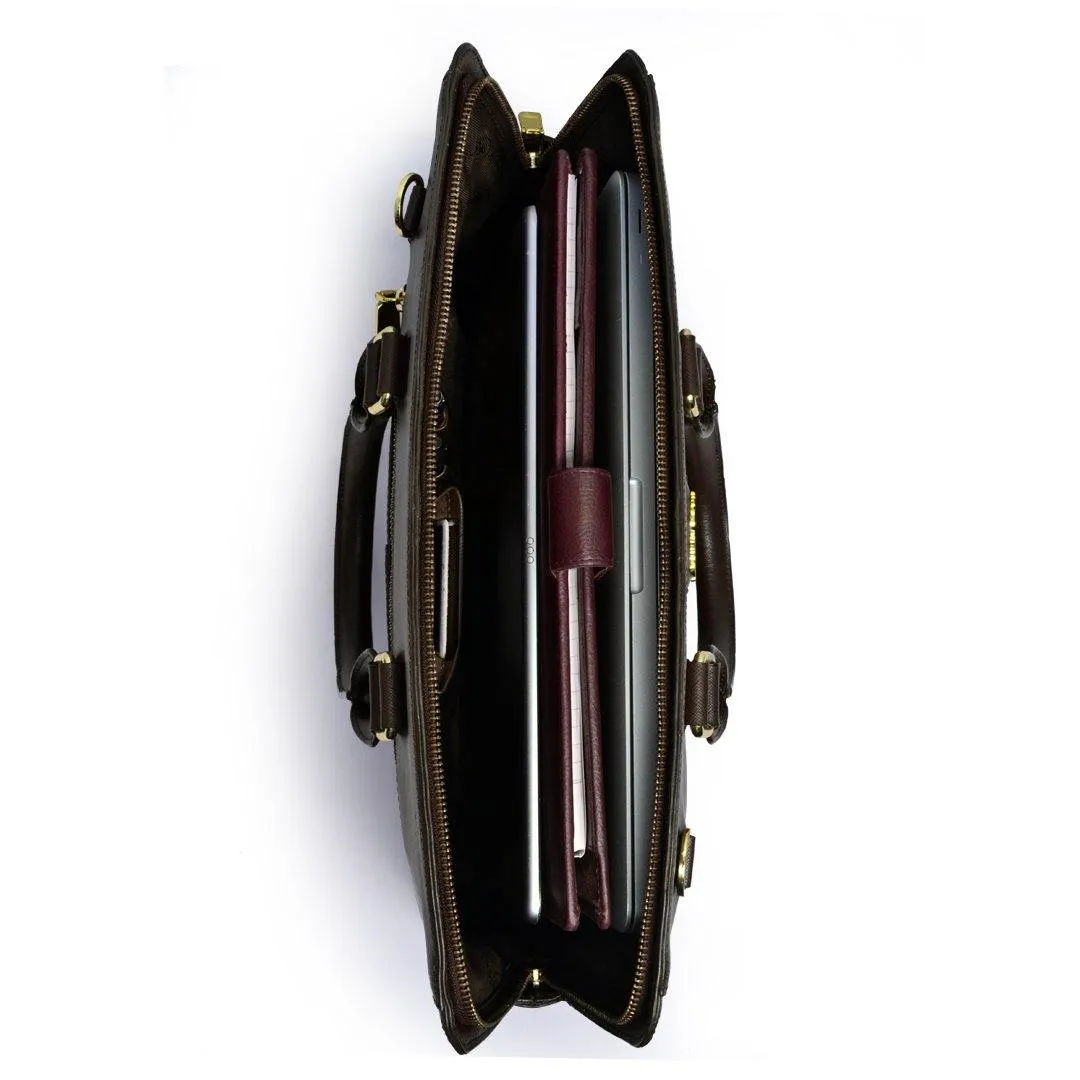 Leather Laptop / Office Bag for Women | 100% Genuine Saffiano Leather | Gold Finish Chains | Brown