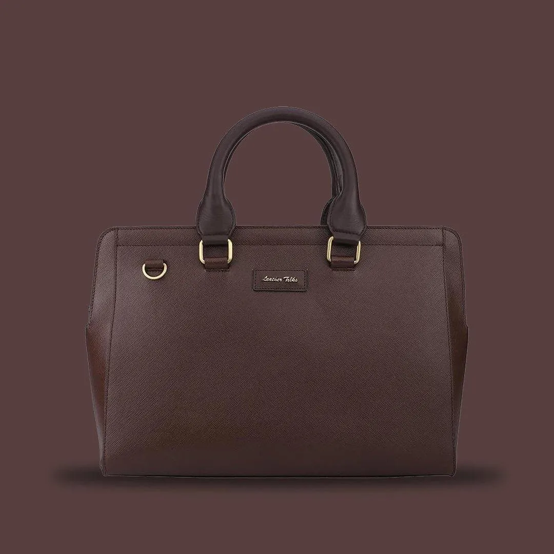Leather Laptop / Office Bag for Women | 100% Genuine Saffiano Leather | Gold Finish Chains | Brown
