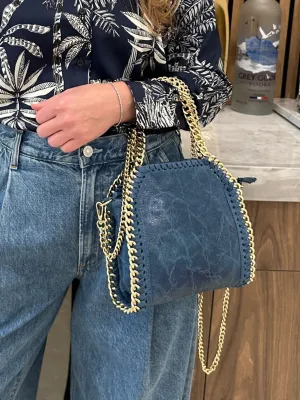 Metallic Luxe Chain Leather Bag - Denim Blue