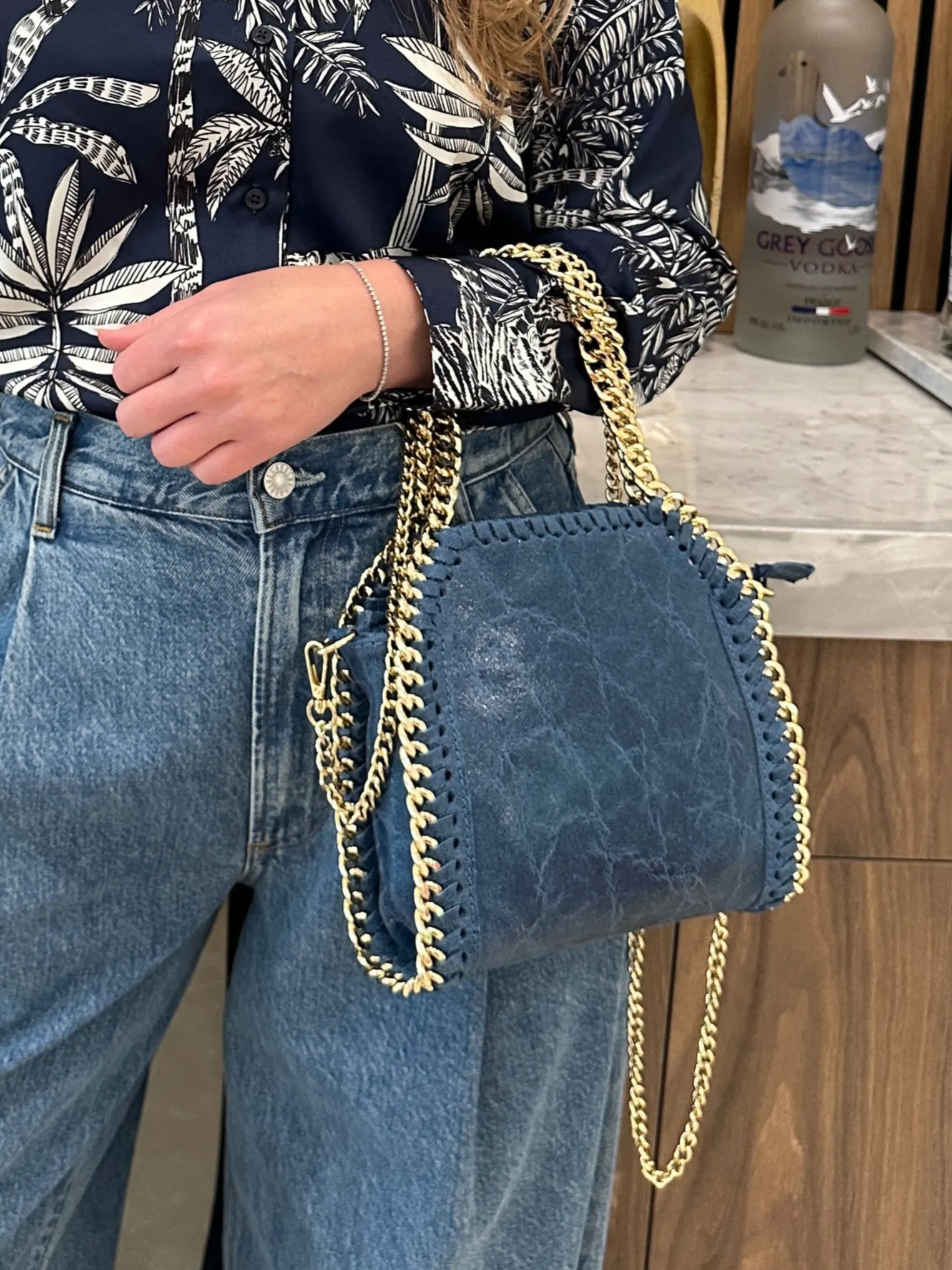 Metallic Luxe Chain Leather Bag - Denim Blue