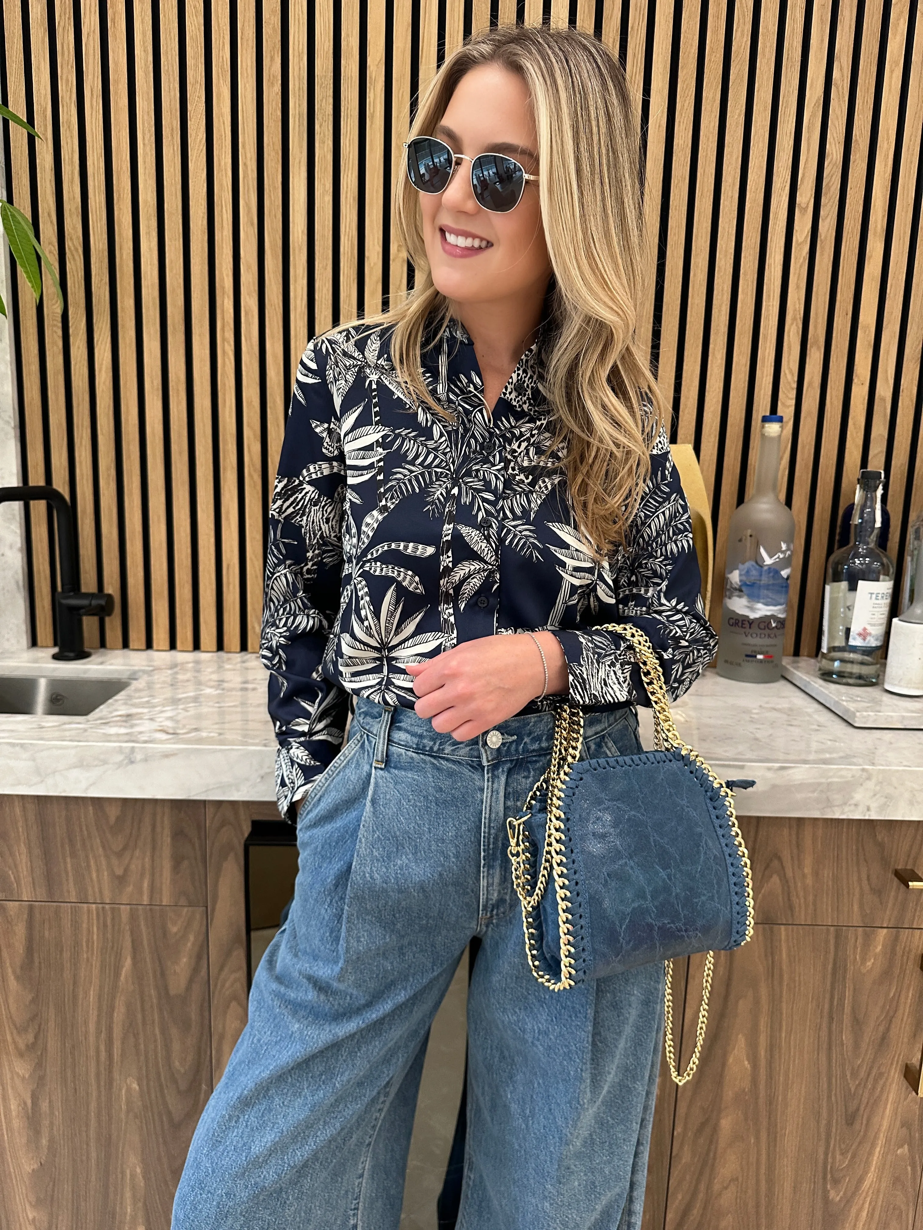 Metallic Luxe Chain Leather Bag - Denim Blue