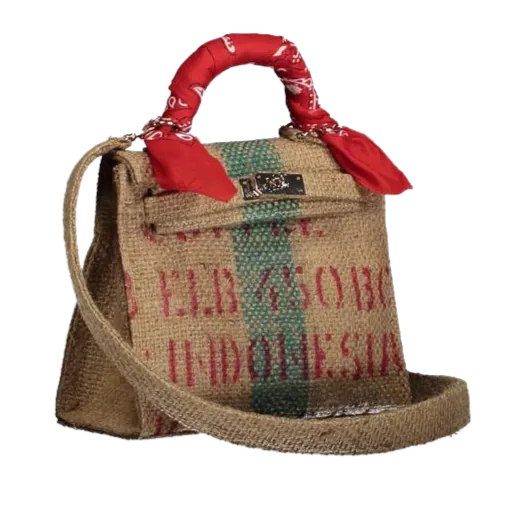 Mini Kelly Style Red Coffee Jute Handbag