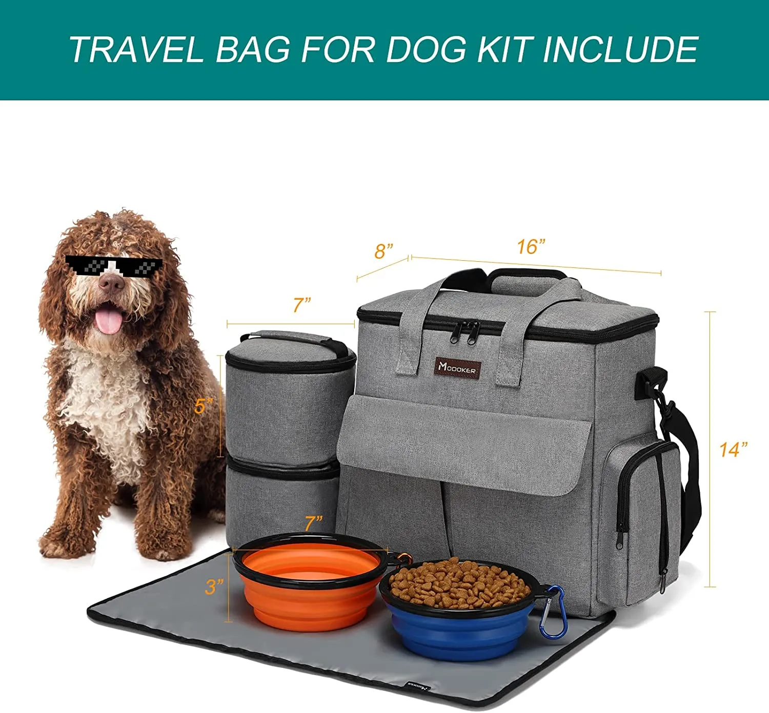 Modoker Dog Travel Bag, Weekend Pet Travel Set for Dog and Cat, Airline Approved Tote Organizer with Multi-Function Pockets (Grey)