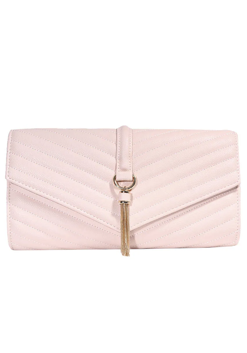 Nude Quilted Gold Tassel Clutch Bag