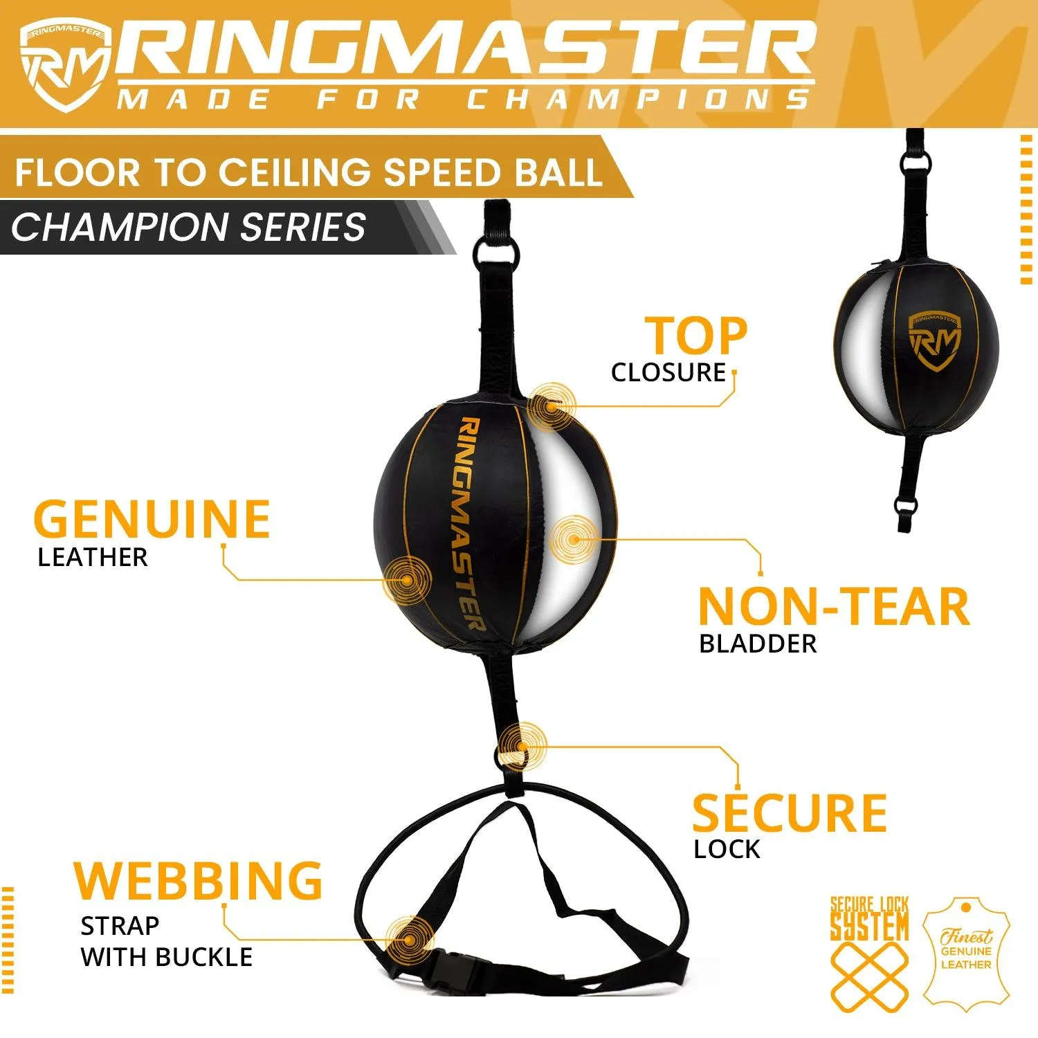 RingMaster Sports Double End Round Speed Ball Champion Series Genuine Leather Gold/Black