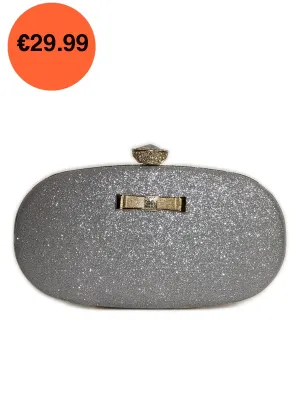 Silver Glitter Diamond Oval Clutch Bag with Gold Chain