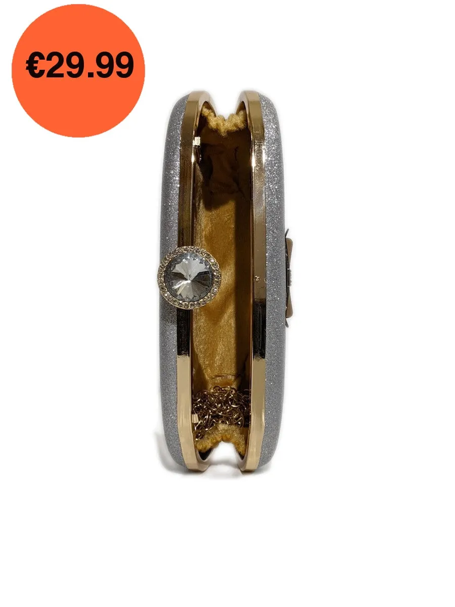 Silver Glitter Diamond Oval Clutch Bag with Gold Chain