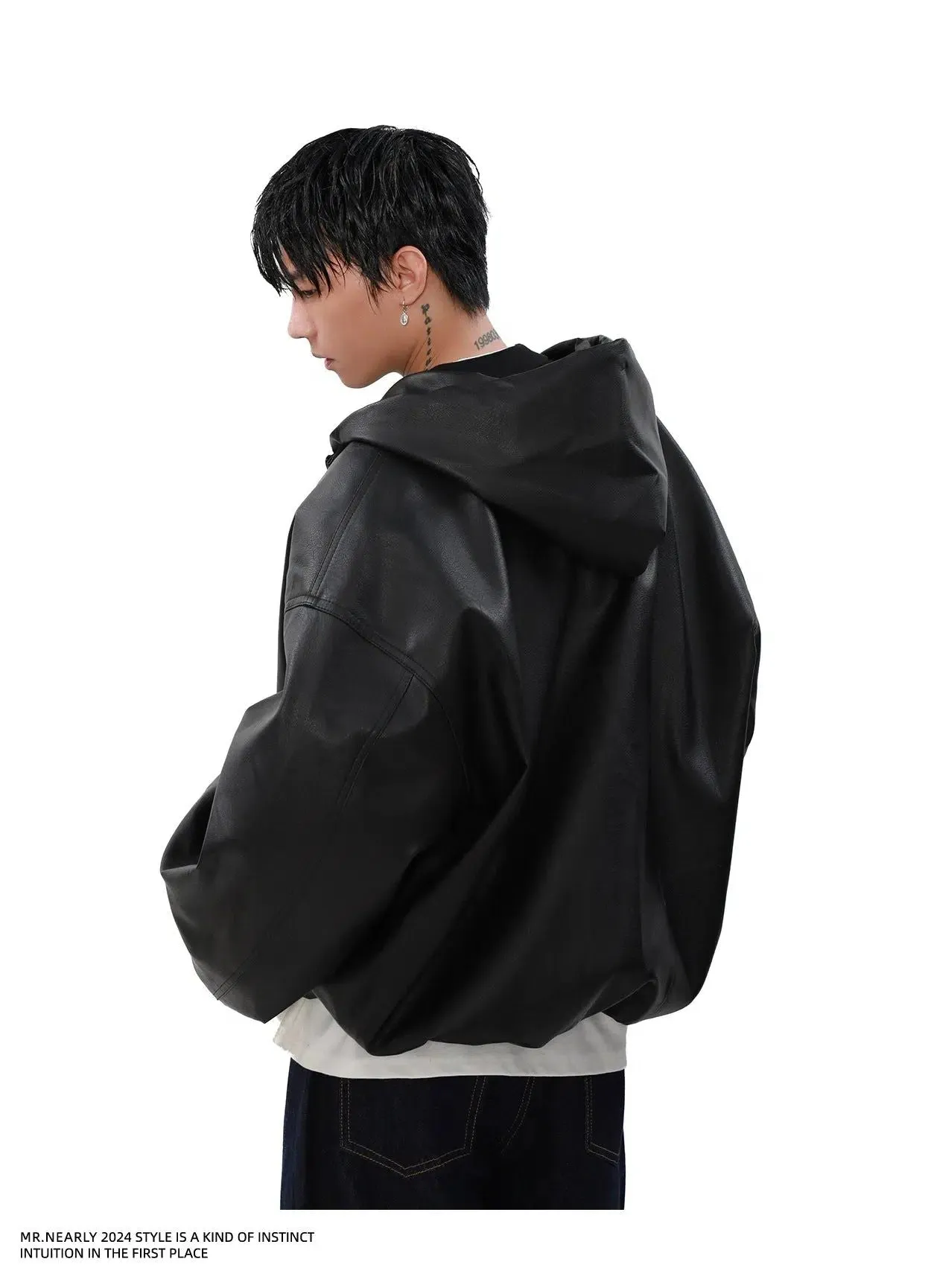 Sleek Drawstring Hooded PU Leather Jacket