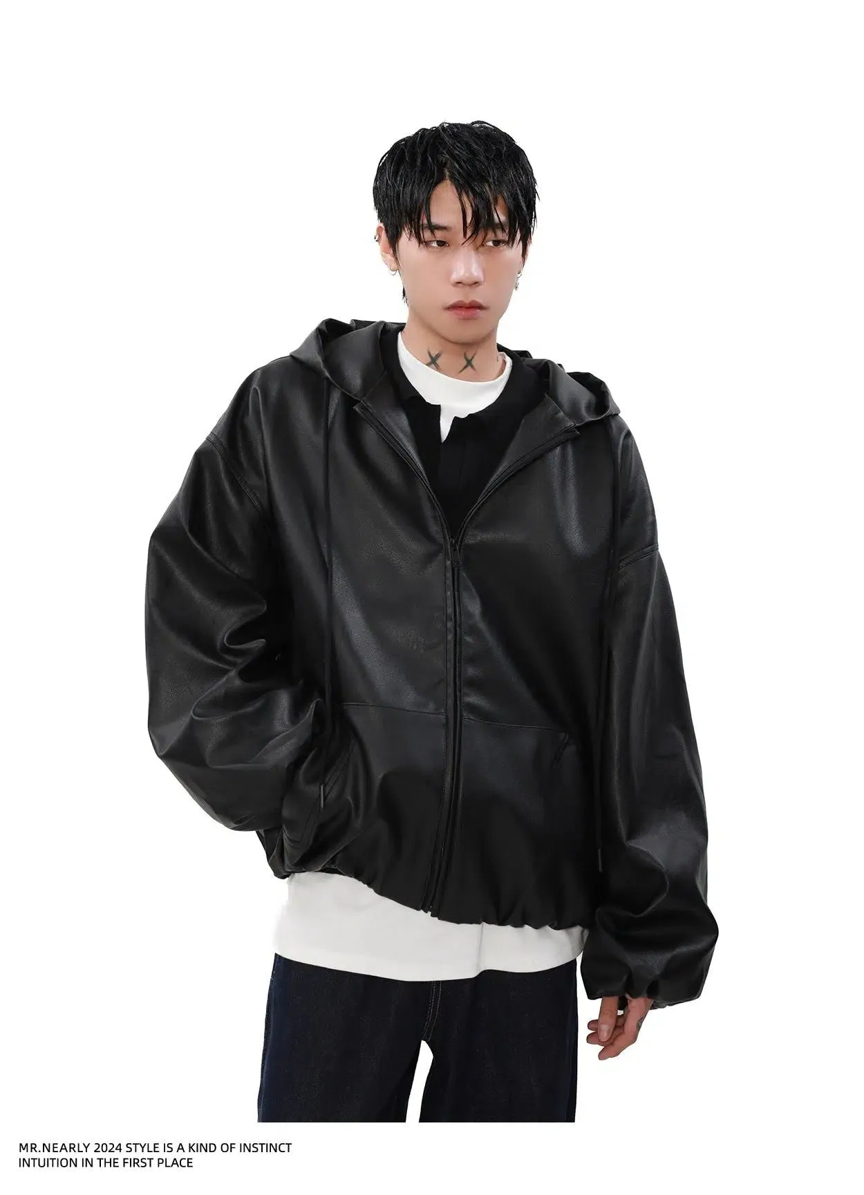 Sleek Drawstring Hooded PU Leather Jacket