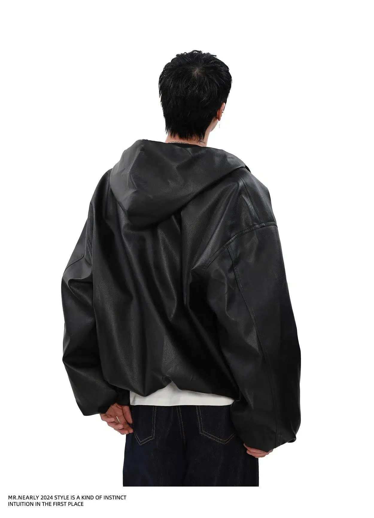 Sleek Drawstring Hooded PU Leather Jacket