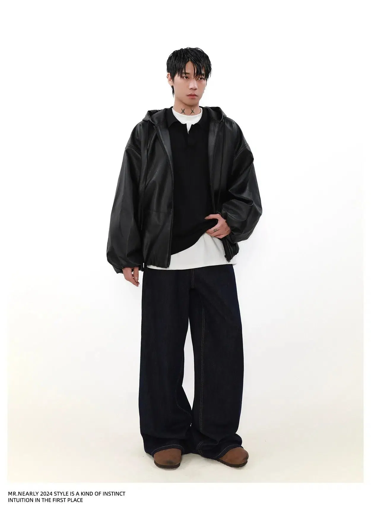 Sleek Drawstring Hooded PU Leather Jacket