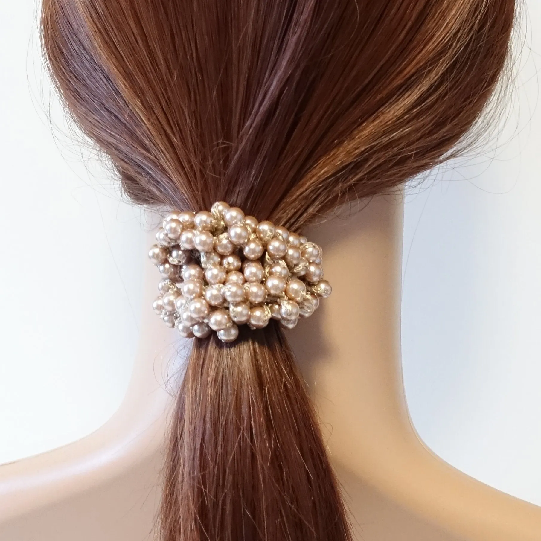 Solid Color Sleek Faux Pearl Ball Flower Elastic  Ponytail Holder