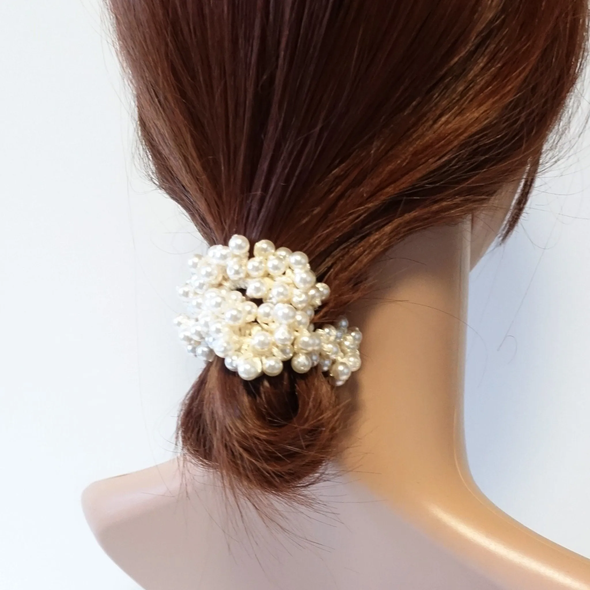 Solid Color Sleek Faux Pearl Ball Flower Elastic  Ponytail Holder