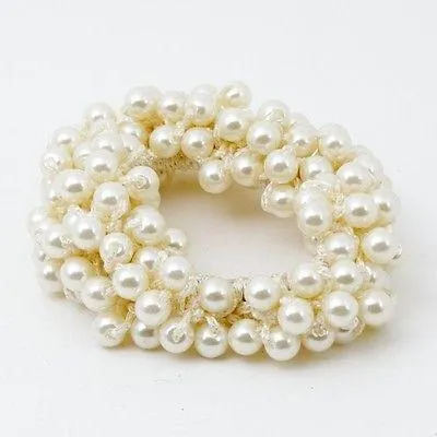 Solid Color Sleek Faux Pearl Ball Flower Elastic  Ponytail Holder