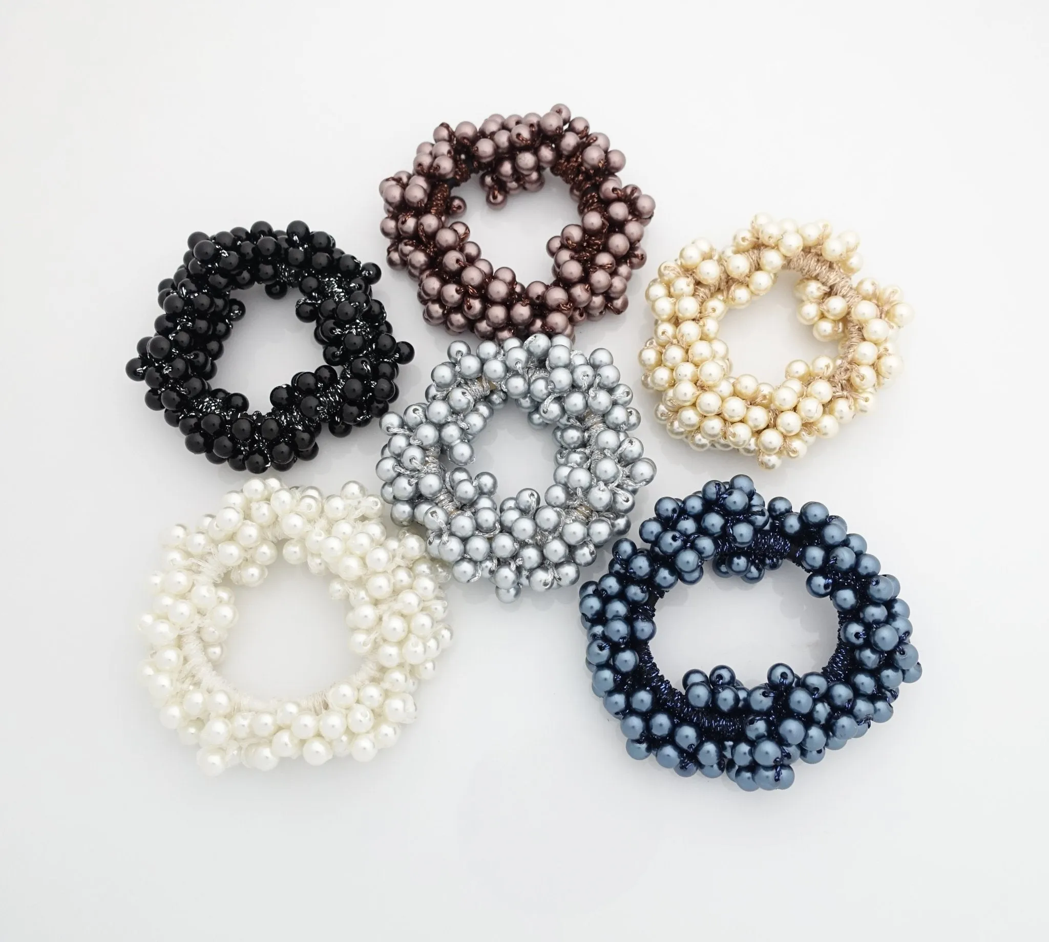Solid Color Sleek Faux Pearl Ball Flower Elastic  Ponytail Holder