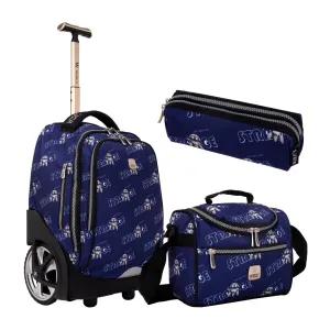 Strange Blue Big Wheel School Bag Trolley Set of 3 (Lunch Bag & Pencil Case)