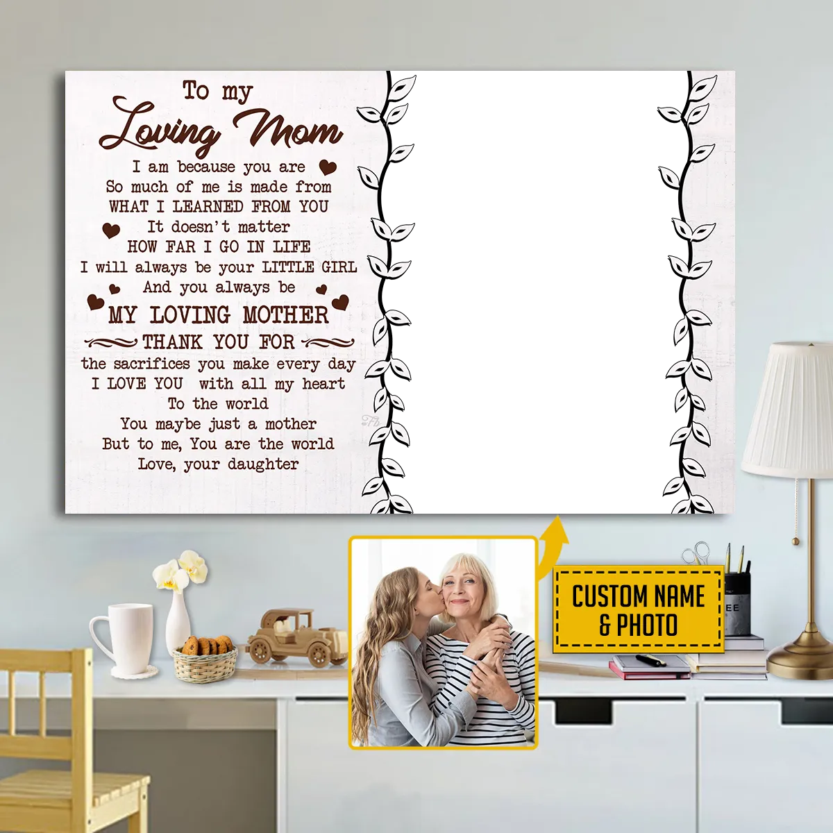 Teesdily | Mom Daughter Custom Poster Canvas With Photo To My Loving Mom Wall Art To Me You Are The World Personalized Gift For Mothers Day Birthday