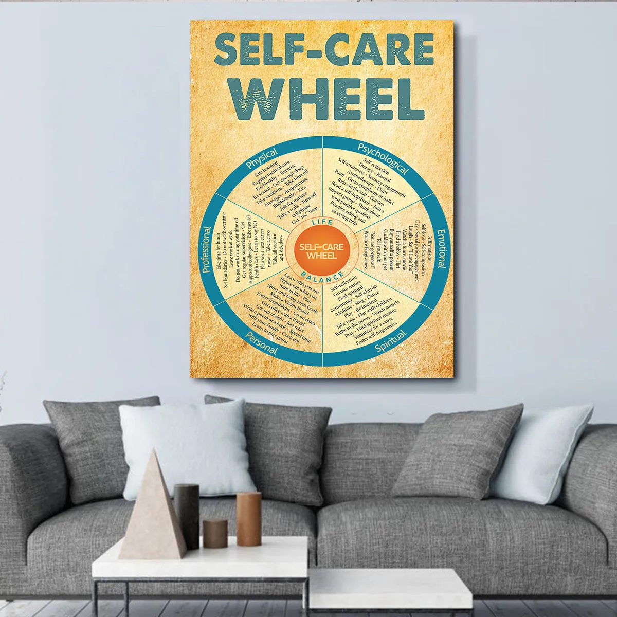 Teesdily | Self-Care Wheel Canvas Wall Art Physical Stress Management Self Care Wheel Therapy Office Decor Mindfulness Psychologist Social Worker Gift
