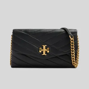 TORY BURCH Kira Chevron Chain Wallet Black Gold Tone Hardware 90343