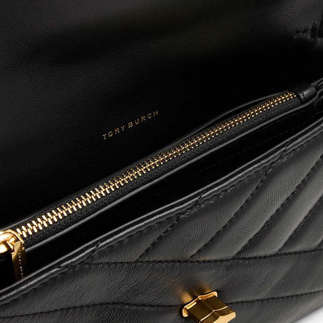 TORY BURCH Kira Chevron Chain Wallet Black Gold Tone Hardware 90343