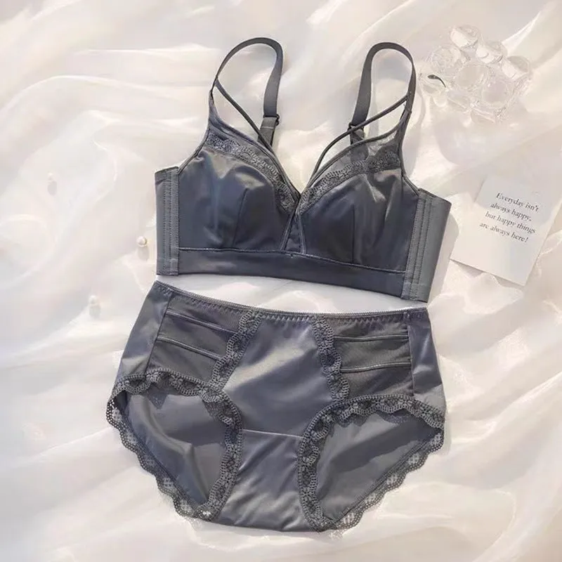 underwear for women with big breasts, bunny ears, gathered thin style, no steel ring, side breasts and anti-sagging bra set