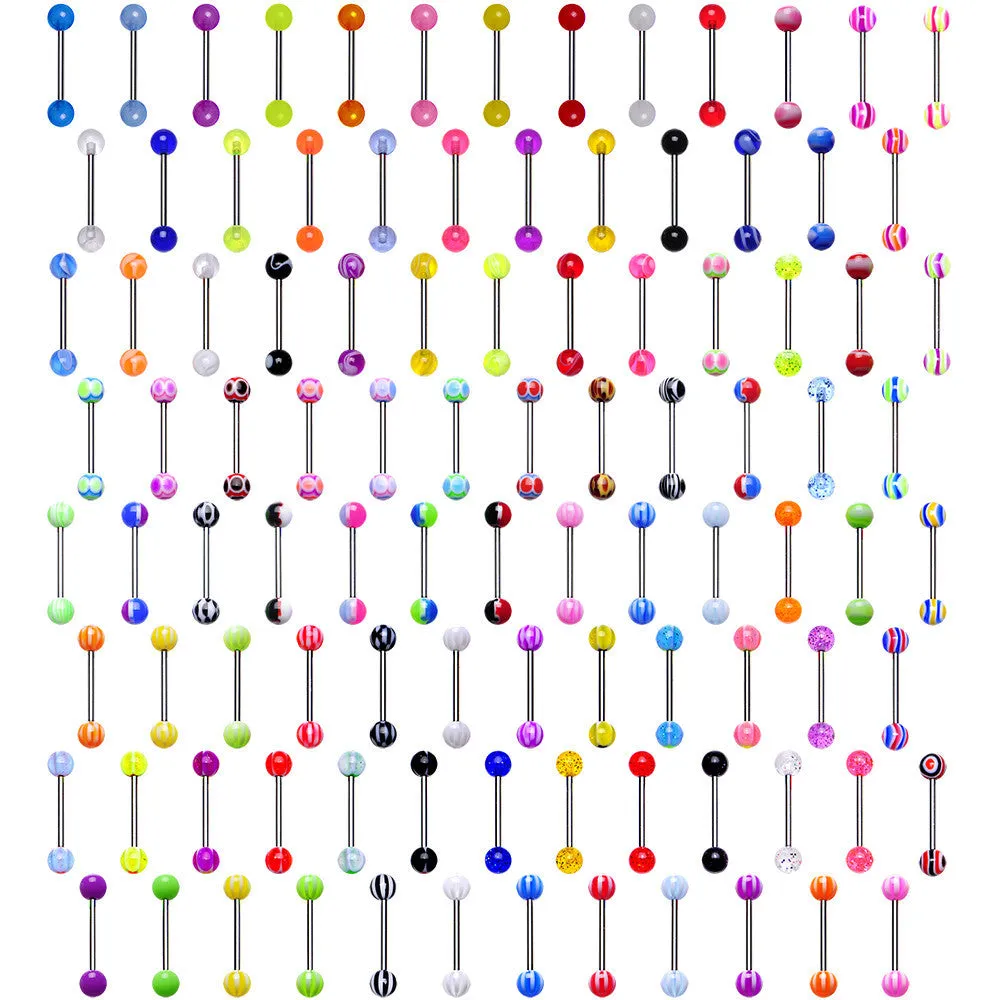 UV Acrylic Ball Steel Barbell Tongue Ring Set of 100