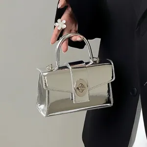VAIGE Luxury Small Silver Chain Shoulder Bag in Patent Leather with Simple Design