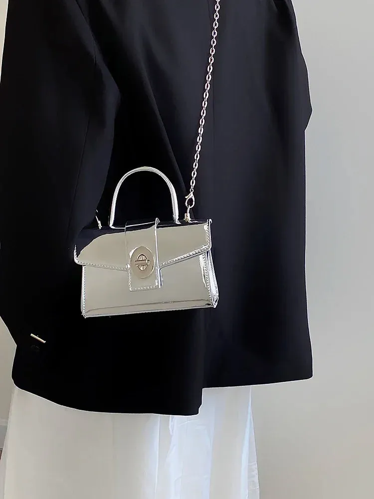 VAIGE Luxury Small Silver Chain Shoulder Bag in Patent Leather with Simple Design
